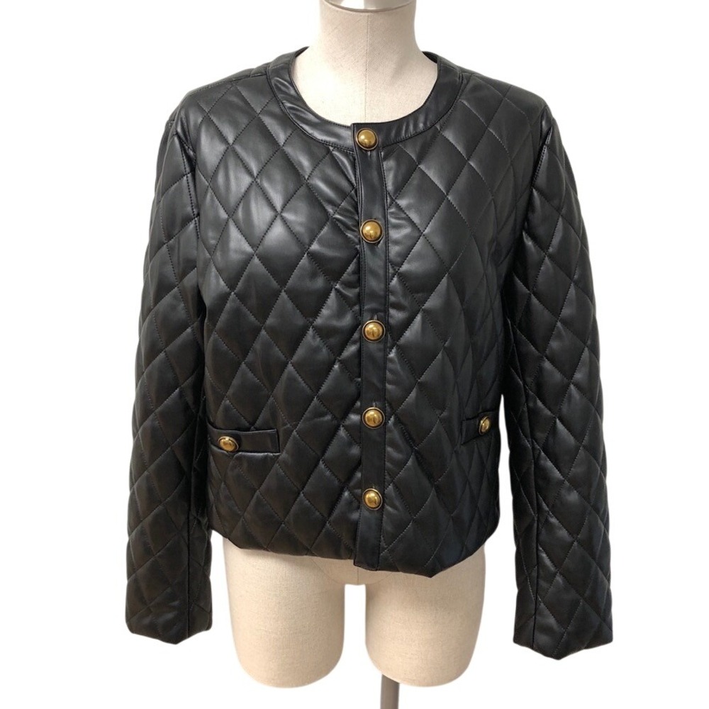 Dear John Quilted Jacket Womens M Black Faux Leather Button Up Streetwear Biker
